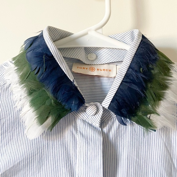 Tory Burch feather embellished collar stripe poplin shirt 0
